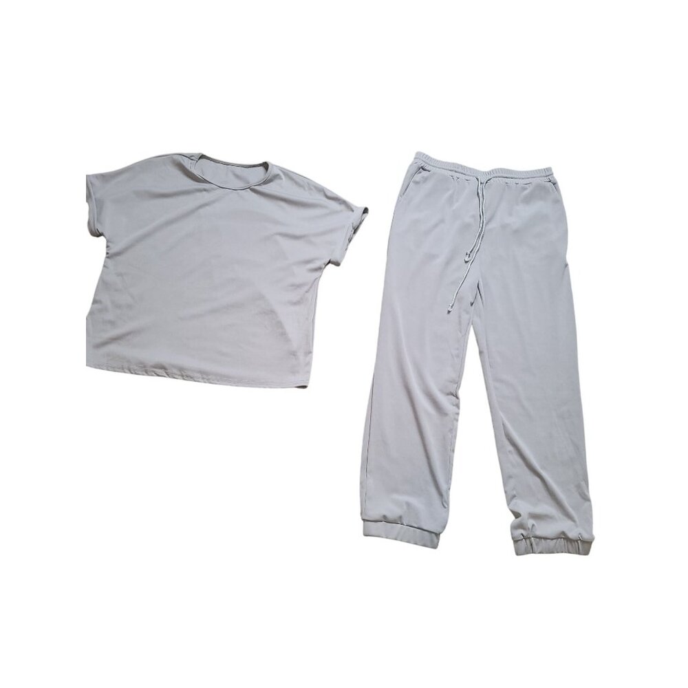 Womens Light Gray Casual Set Short Sleeve Top & Elastic Waist Drawstring Pant XL - Picture 2 of 6